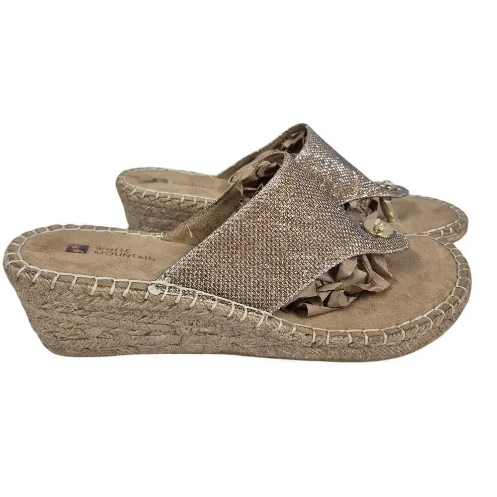 White Mountain Beachball Gold Metallic Wedge Thong Sandals Rope/Stitch Sz 9
